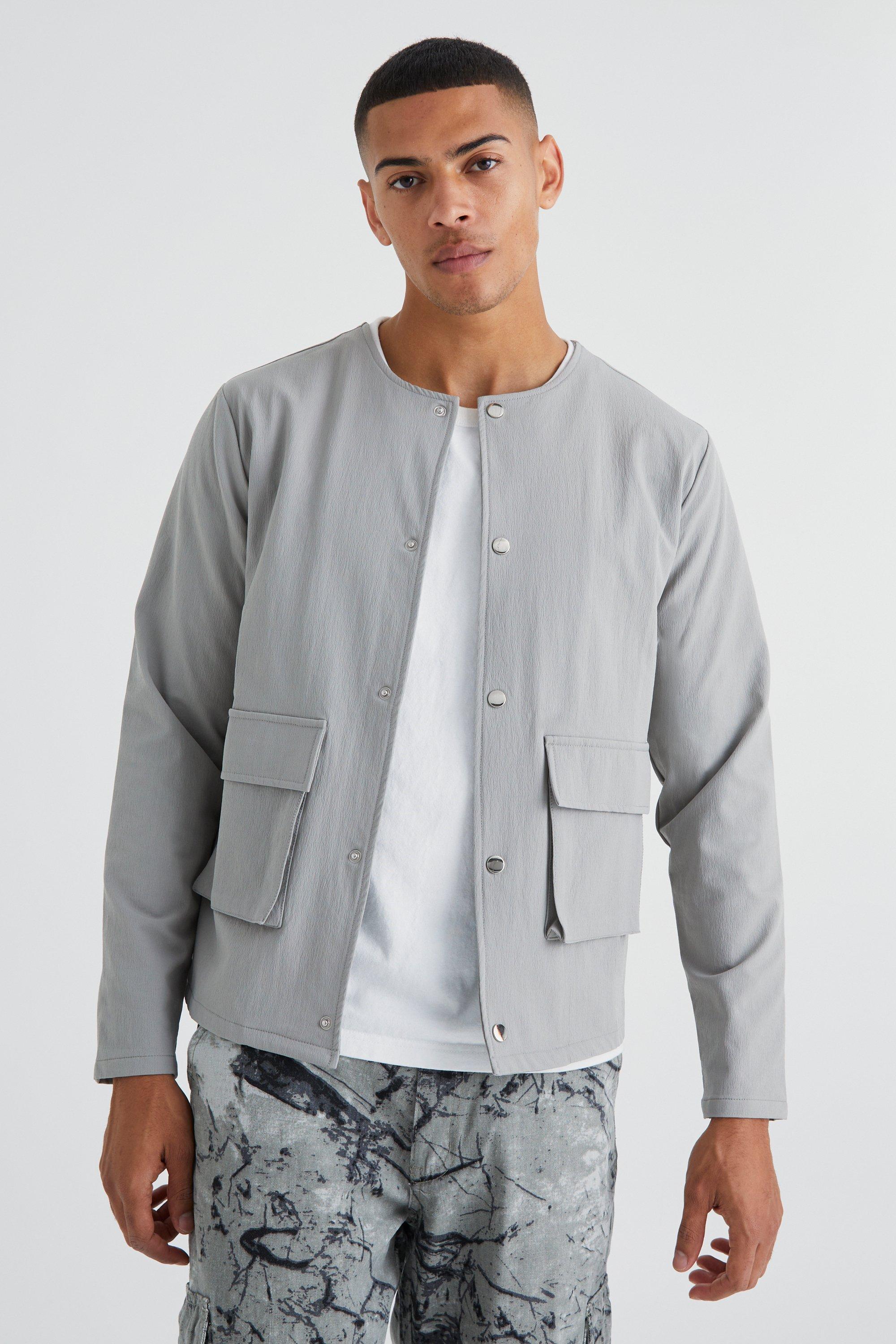 Mens Grey Collarless Technical Stretch Bomber Jacket, Grey